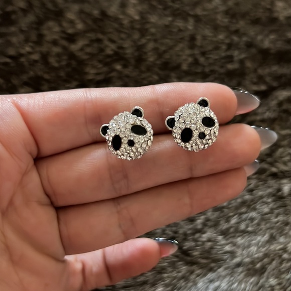 Rhinestone Panda Earrings • black & white• handcrafted • nickel free post - Picture 3 of 6